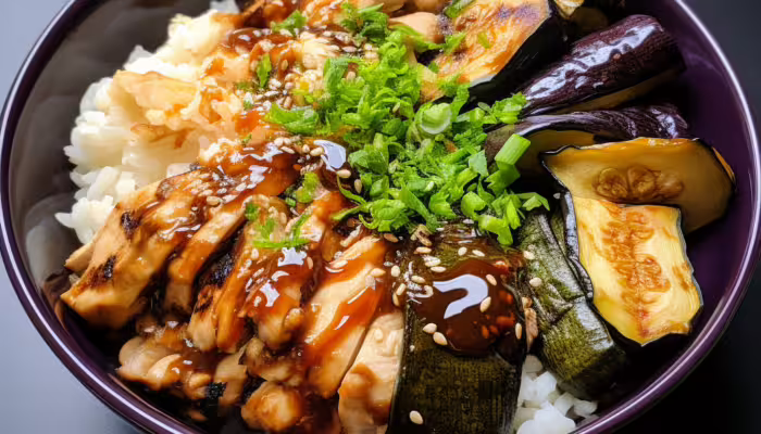 Grilled Chicken and Eggplant Donburi