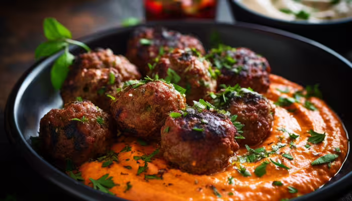 Beef Kofta with Roasted Pepper Dip