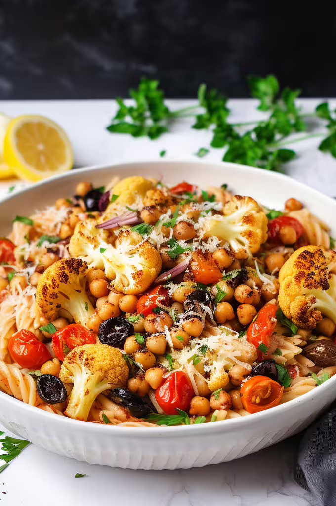 Cauliflower and Chickpea Mediterranean Pasta
