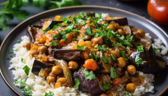 Eggplant and Chickpea Stew with Rice and Apricots