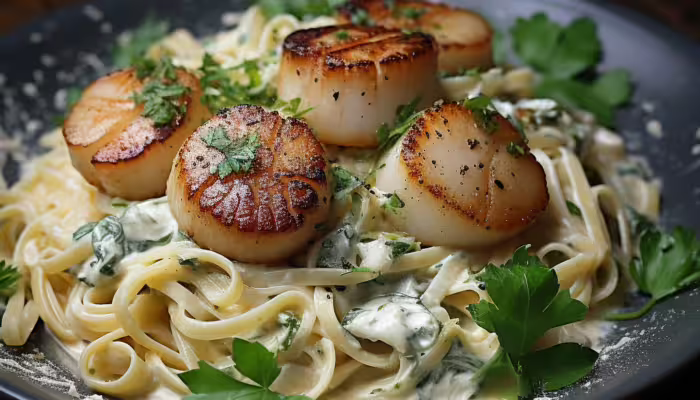 Fettuccine Alfredo with Seared Scallops