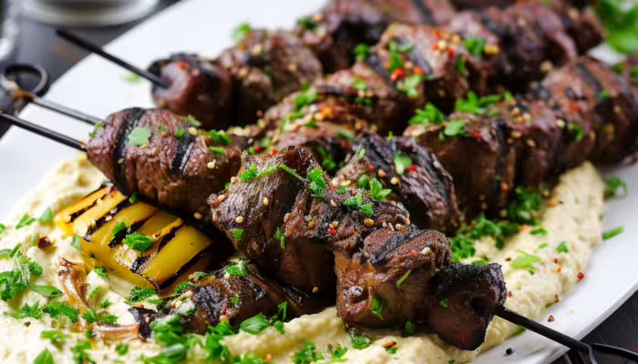 Grilled Beef Kebabs with Hummus