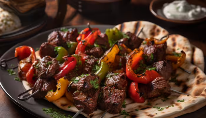 Grilled Beef and Pepper Skewers with Pita