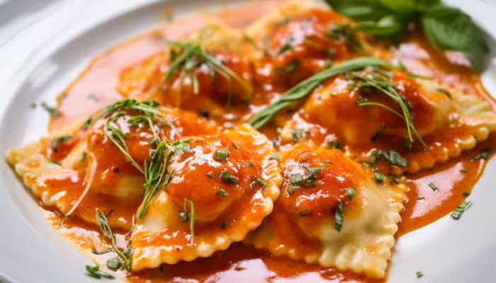 Lobster Ravioli with Tomato Basil Sauce