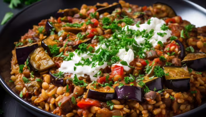 Mediterranean Eggplant and Lentil Stew with Rice