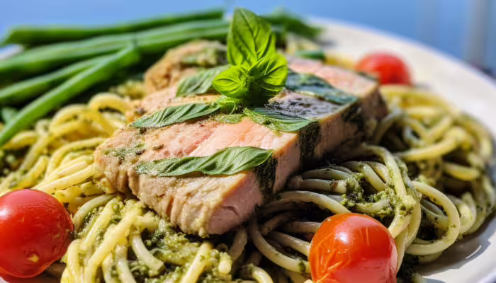 Pesto Pasta with Grilled Tuna and Green Beans