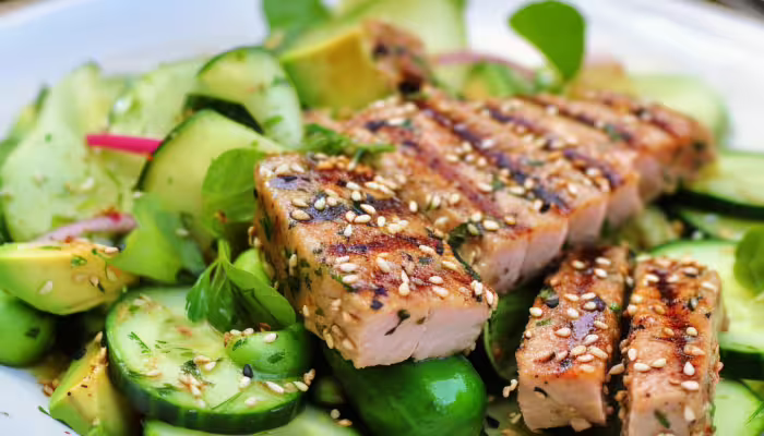 Sesame Grilled Tuna and Cucumber Salad