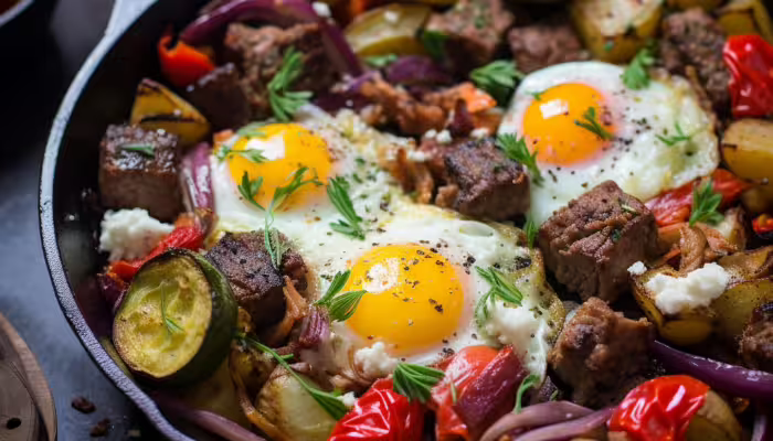Souvlaki Breakfast Skillet with Beef and Veggies