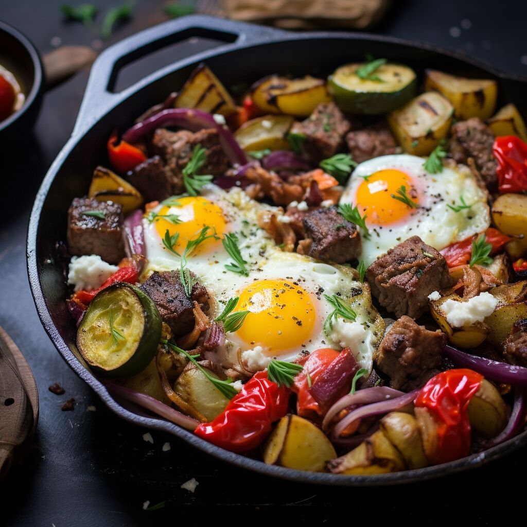 Souvlaki Breakfast Skillet with Beef and Veggies - Coolinarco.com