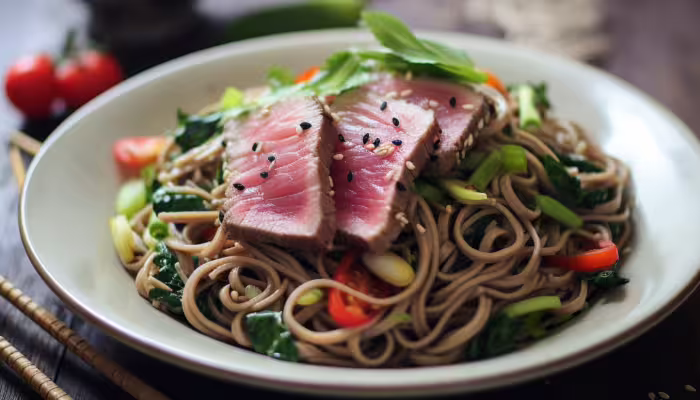 Soy-Ginger Soba Noodle Salad with Seared Tuna
