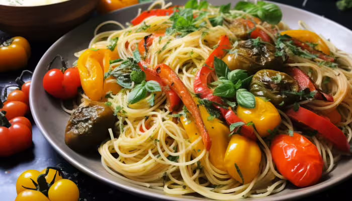 Spaghetti Aglio e Olio with Roasted Vegetables