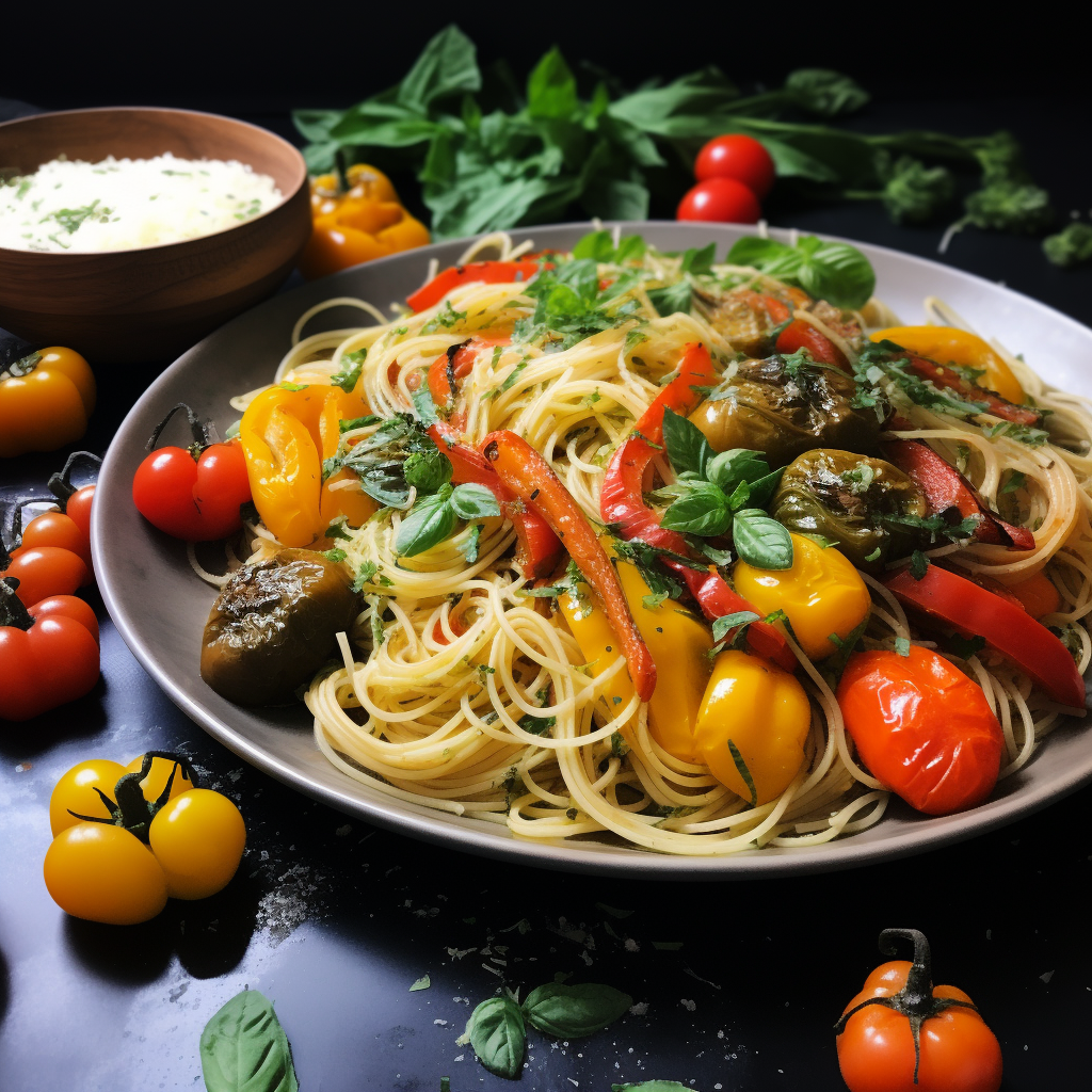 Spaghetti Aglio e Olio with Roasted Vegetables