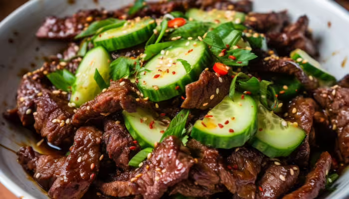 Spicy Szechuan Beef and Cucumber Salad