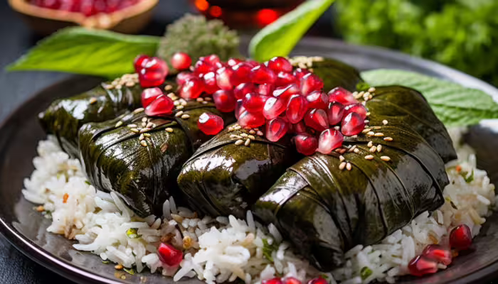 Stuffed Grape Leaves with Rice and Pomegranate