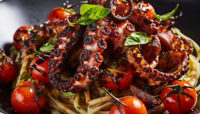 Tagliatelle with Grilled Octopus and Cherry Tomatoes