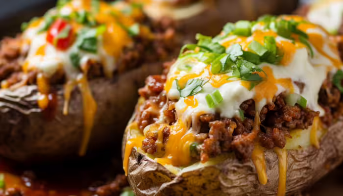 Tex-Mex Beef and Cheese Loaded Baked Potatoes