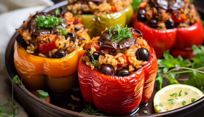 Vegan Greek Stuffed Peppers with Rice and Olives
