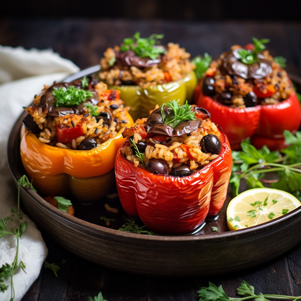 Vegan Greek Stuffed Peppers with Rice and Olives