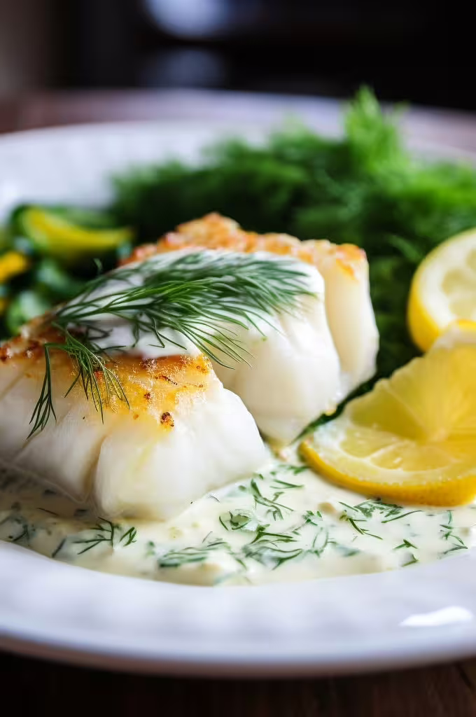 Poached Cod with Lemon Dill Sauce
