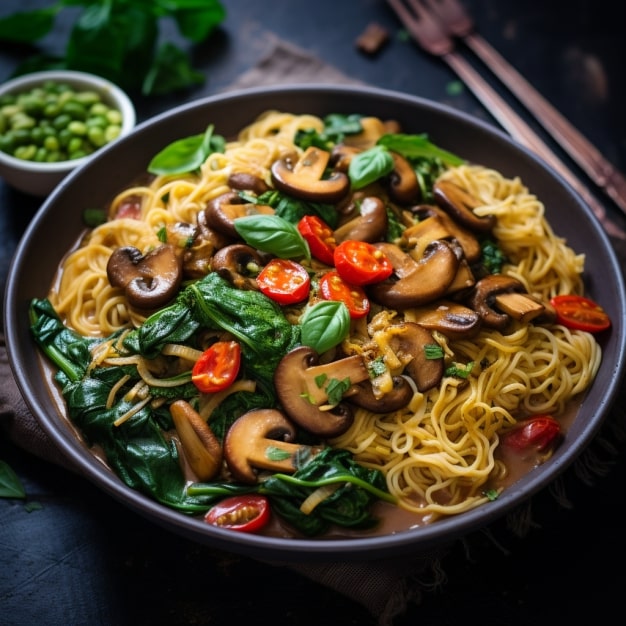 Vegan Thai Curry Noodles with mushroms and spinach