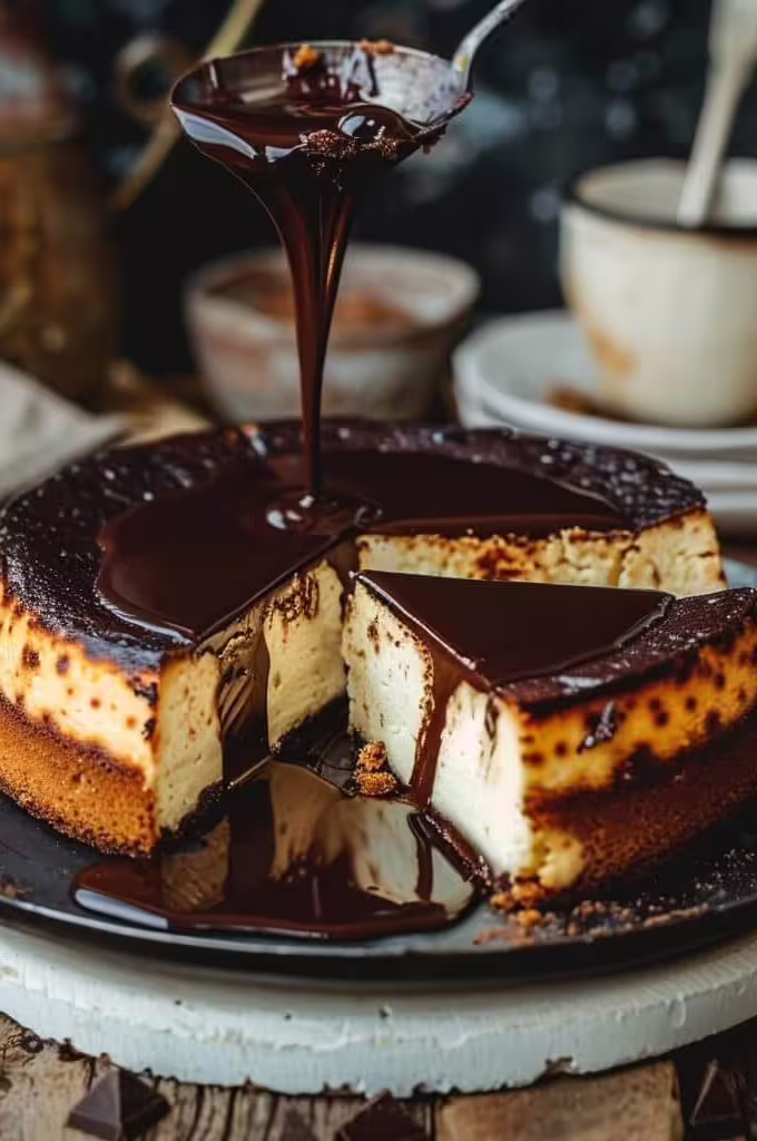 San Sebastian Cheesecake with Chocolate Sauce