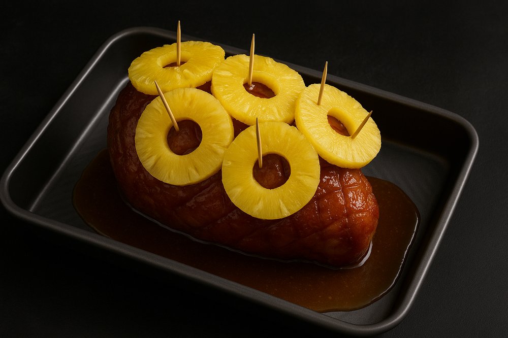 Arrange pineapple rings on top of the glazed ham and secure each slice with a toothpick to hold in place during baking.