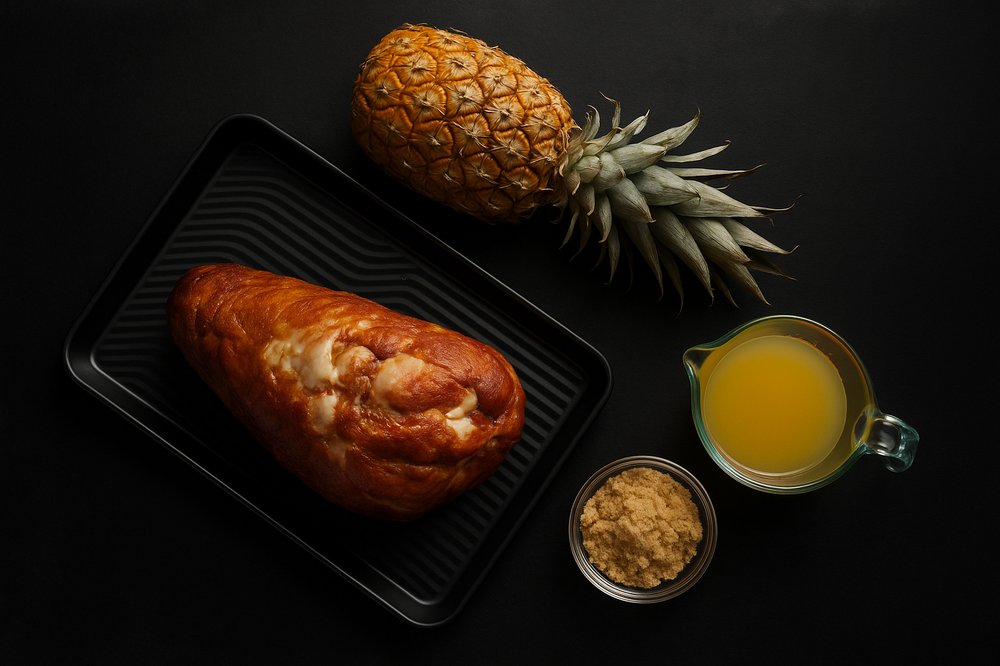 Ingredients for brown sugar and pineapple glazed ham, including smoked pork shoulder, whole pineapple, pineapple juice, and brown sugar, arranged on a table.