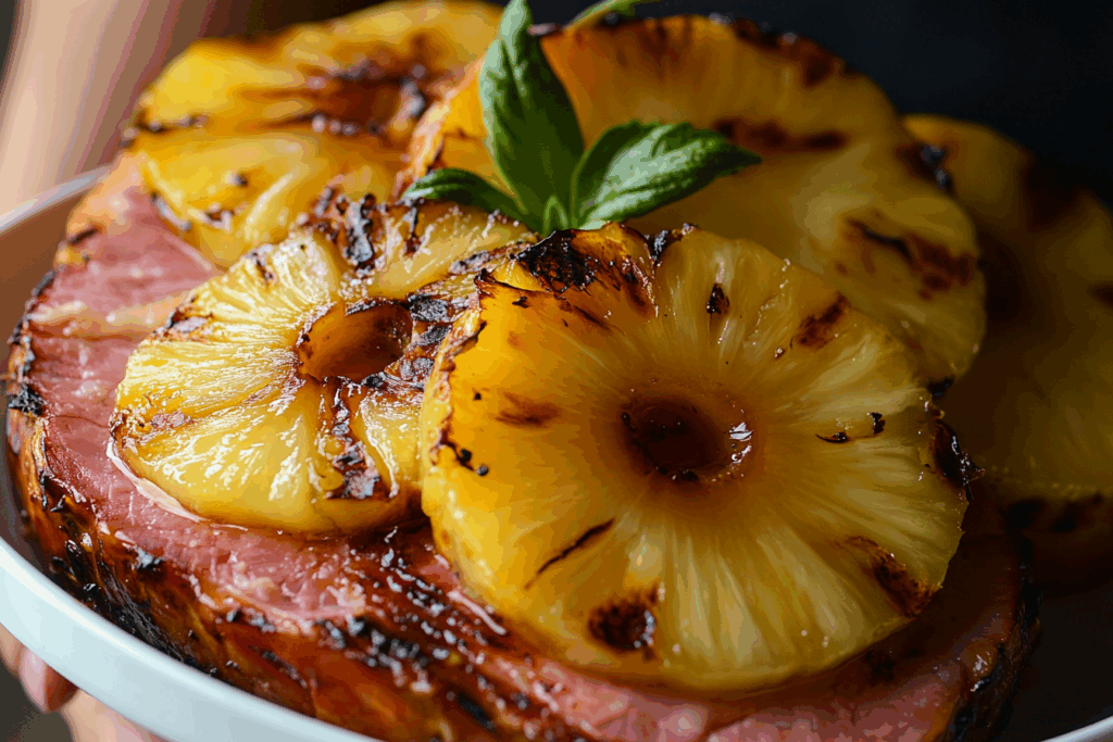 Brown sugar and pineapple glazed ham sliced and served in a white dish, garnished with caramelized pineapple rings and fresh herbs on a dark wooden table.
