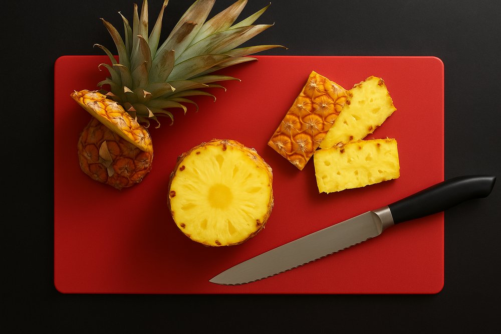 Trim the pineapple by cutting off the skin and removing any remaining brown eyes. Slice it into 1/2-inch rings, core each ring, and prepare them for pinning onto the ham with toothpicks