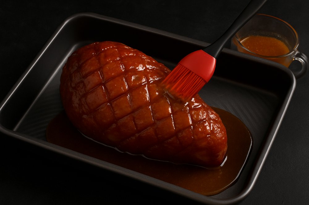 Spread the brown sugar and pineapple glaze over the scored ham, pressing the mixture into the cuts for maximum flavor.