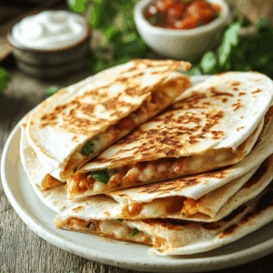 Crispy oven baked quesadillas cut into wedges on a rustic white plate with fresh cilantro and small bowls of salsa and sour cream