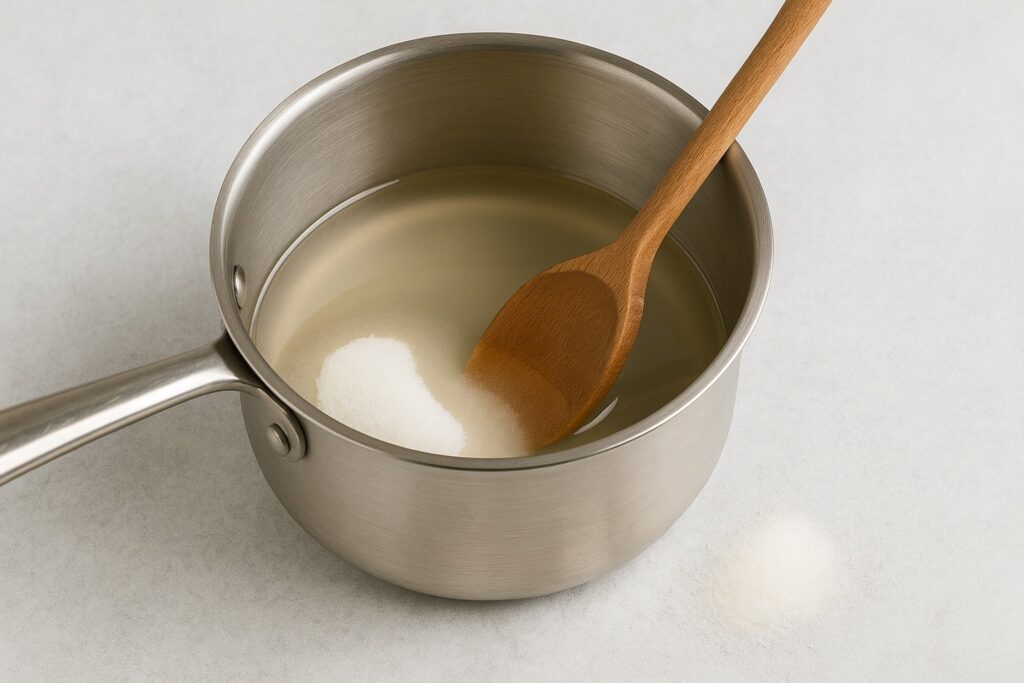 Mixing sugar and water in a saucepan with a wooden spoon – step 1 of non-alcoholic limoncello recipe