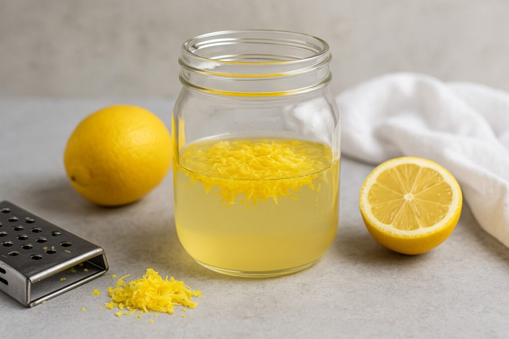 Lemon zest added to a jar of simple syrup for non-alcoholic limoncello – step 2 of the recipe