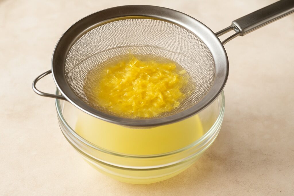 Straining lemon zest from homemade alcohol-free limoncello mixture into a glass bowl – step 4