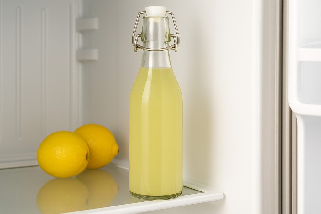 Bottle of non-alcoholic limoncello chilling in refrigerator next to lemons – step 5 of the recipe