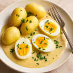 Boiled eggs in creamy mustard sauce served with baby potatoes and garnished with fresh parsley on a ceramic plate with a fork.
