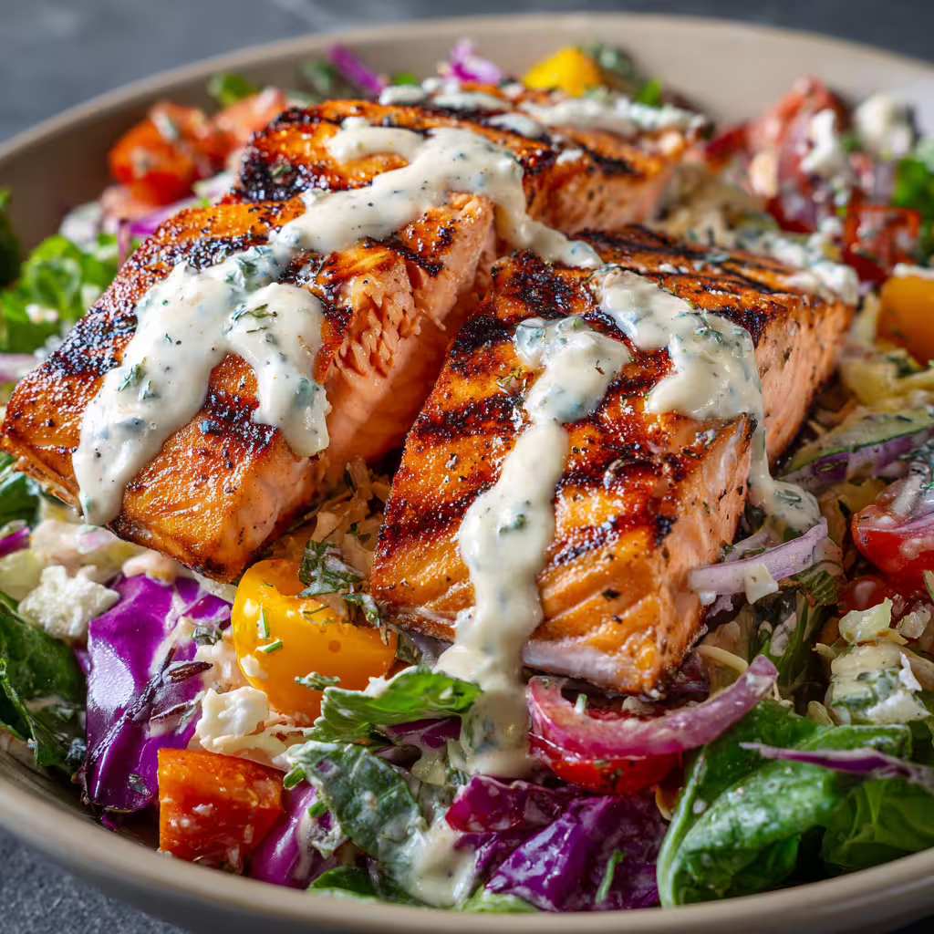 Creamy Grilled Summer Salmon Salad
