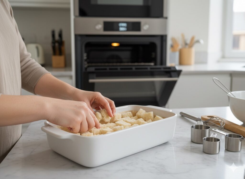Adding cubes of stale bread to a greased baking dish, a key step in the cinnamon bread pudding recipe.