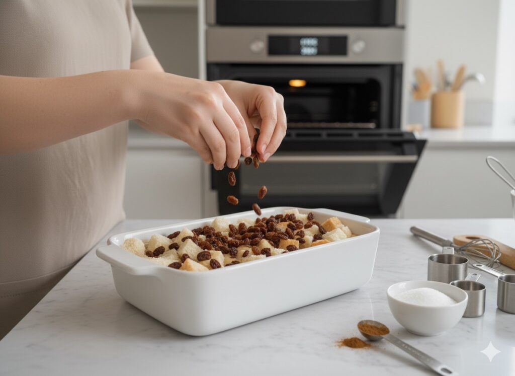 Sprinkling raisins over the soaked bread for added sweetness and texture in the cinnamon bread pudding recipe.