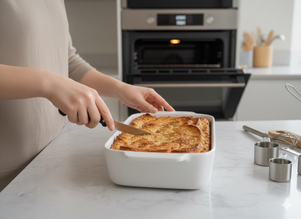 Checking the baked, golden-brown cinnamon bread pudding with a knife to see if it's done.