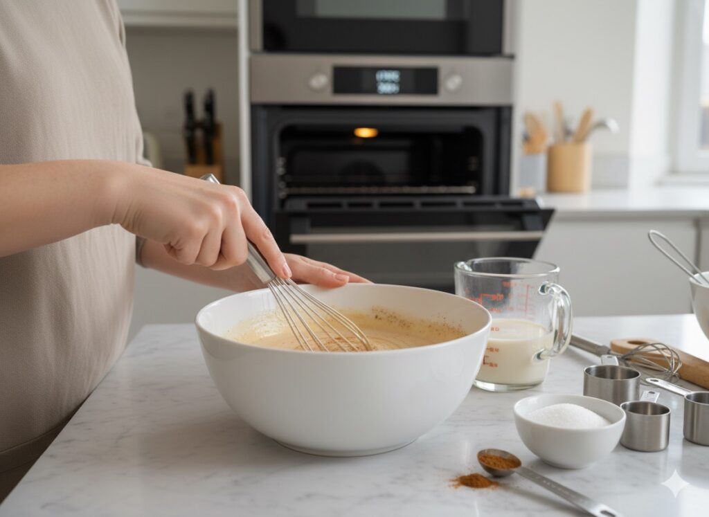 Whisking eggs, milk, sugar, and cinnamon to create the creamy custard mixture for bread pudding.