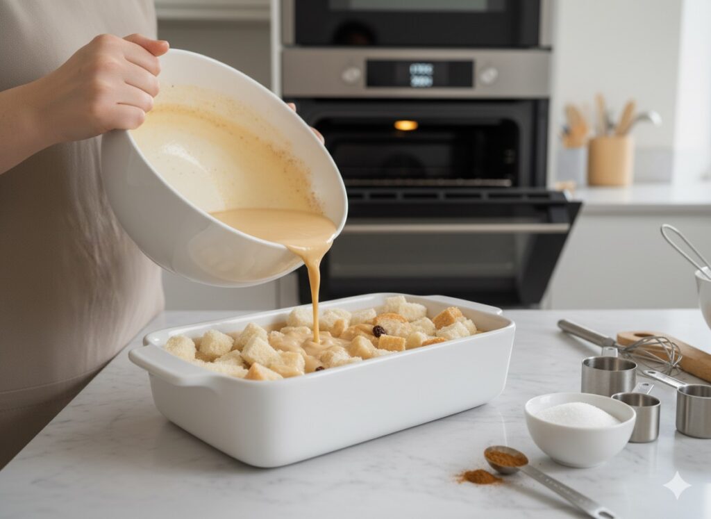 Pouring the egg and milk mixture over bread cubes to ensure they are evenly soaked before baking the cinnamon pudding.