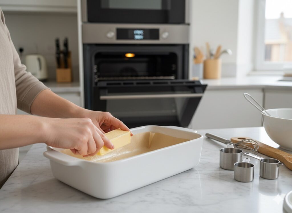 Preparing cinnamon bread pudding - a woman butters a white baking dish in a modern kitchen.