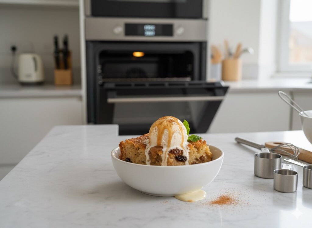 A serving of warm cinnamon bread pudding in a white bowl, topped with a scoop of vanilla ice cream and a drizzle of caramel sauce.