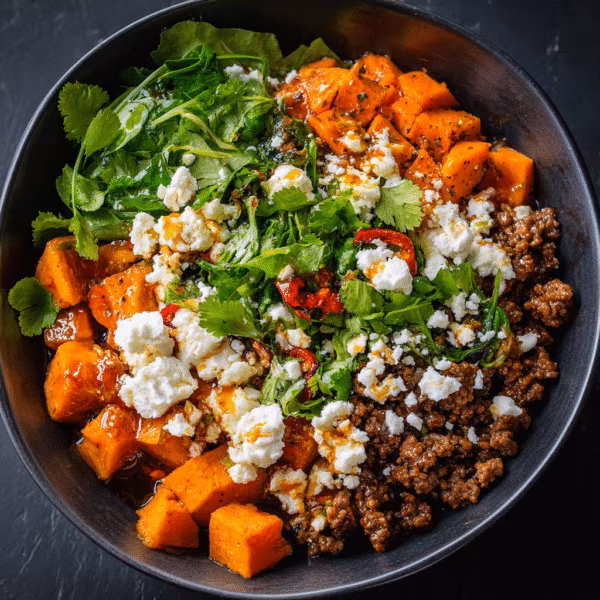 Hot Honey Cottage Cheese Sweet Potato Beef Bowl